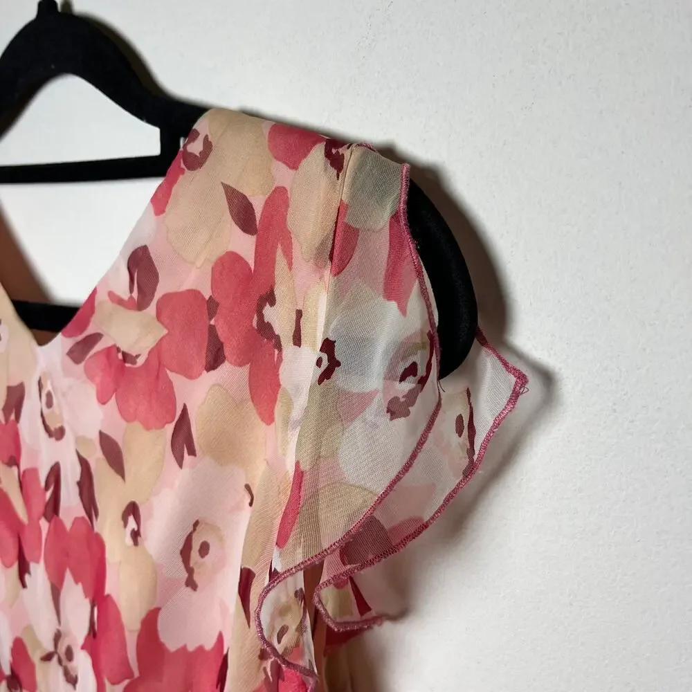 Y2K‎ Cowl Neck Flutter Sleeve Top Pink Floral Sz 8 Cottage Fairy Romantic Office